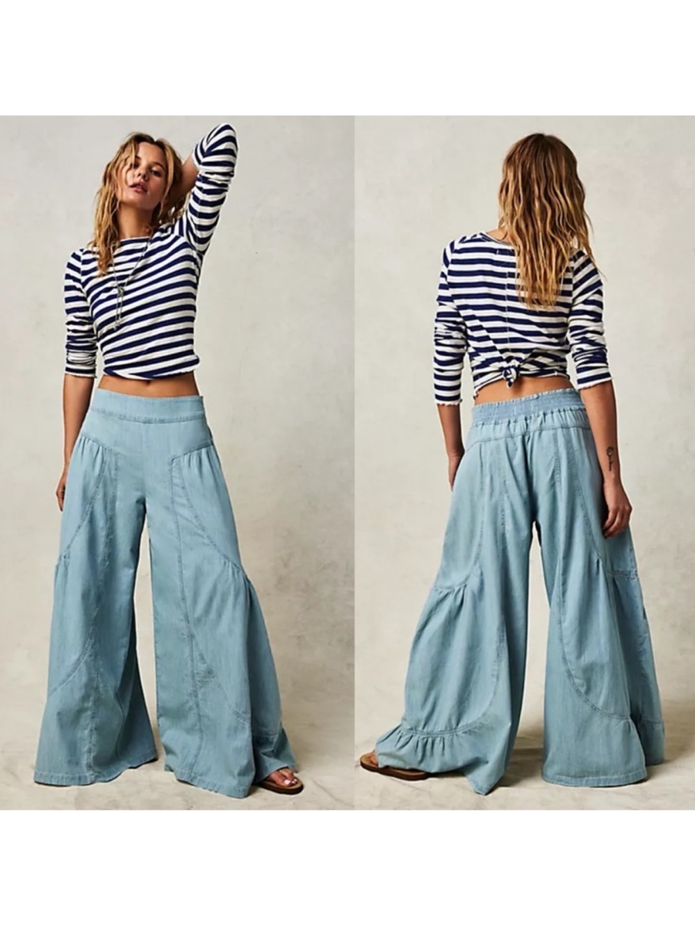 Free people Dawn On Me Wide Leg Jeans Moonlit Light Blue pockets cotton Sz XS NE